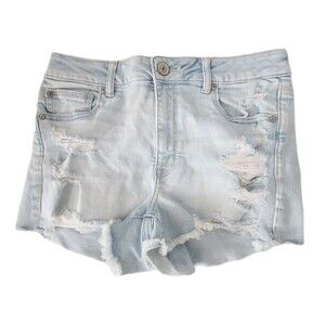 American Eagle Hi Rise Shortie Denim Shorts Light Wash Distressed Size 8 Stretch